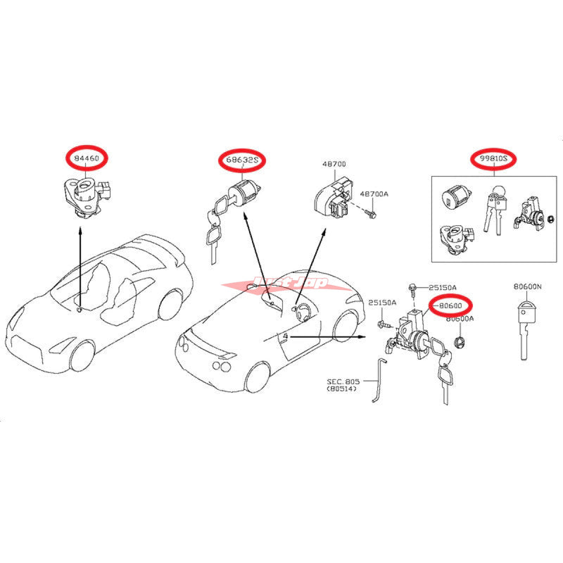 Genuine Nissan Cylinder Lock & Key Set Fits Nissan R35 GTR 07-13