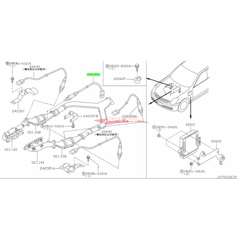 Genuine Nissan O2 Oxygen Sensor Rear (Right Side) Fits Nissan Z33 350Z, V36 Skyline, M35 Stagea & Y50 Fuga (VQ25DE/VQ35DE/VQ35HR)