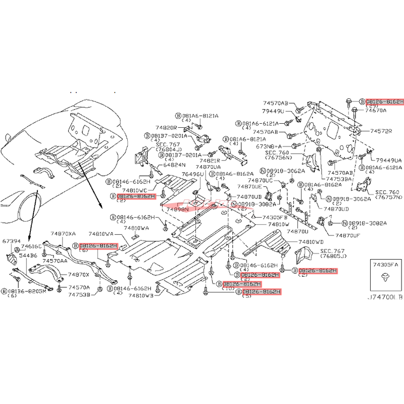 Genuine Nissan Rear Under Body Cover Bolt fits Nissan R35 GTR
