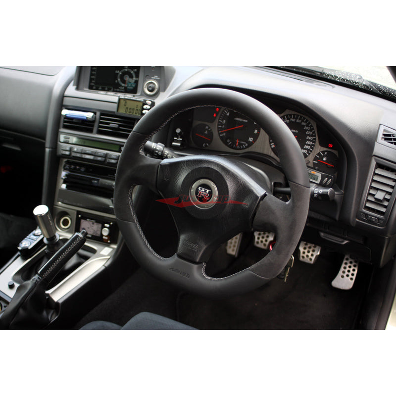 Mines Leather Steering Wheel (D Type Grey Stitching) Fits Nissan R34 Skyline GTR, S15 Silvia & 200SX