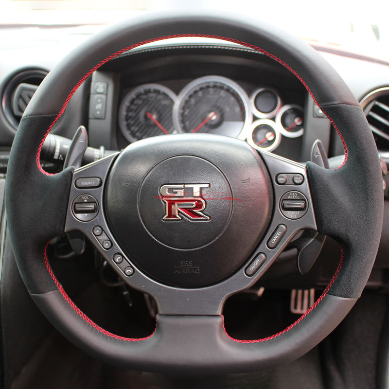 TISSO Premium Nappa Leather & Alcantara Steering Wheel (Red Stitching) Fits Nissan R35 GTR